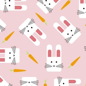 large scale cute white bunnies - easter rabbits  - bunnies and carrots fabric and wallpaper