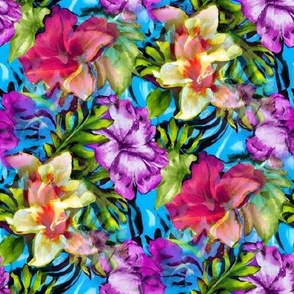 Tropical Garden Collage on Bright Blue