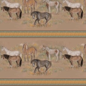 Mustang Horses in Crayon on Brown Paper Stripe