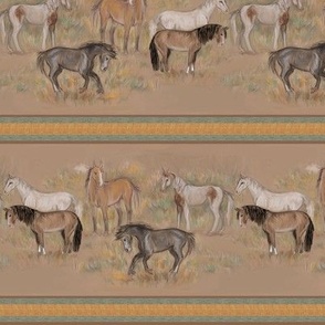 Mustang Horses in Crayon on Brown Paper Stripe Two Way