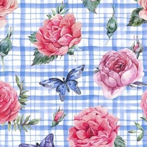 Rustic rose flowers on a blue checkered background
