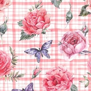 Rustic pink roses on checkered background