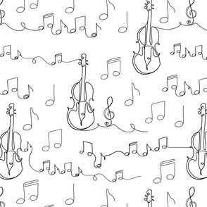 Music Notes and Violin Doodle No. 1 White - Medium