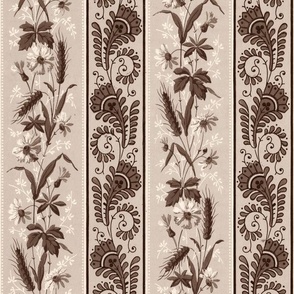 Vintage Victorian and Art Nouveau Floral Stripes - Small Scale - in Sepia