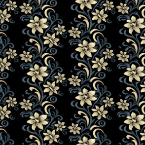 Rustic Art Nouveau Floral Vines in Flax and Serene Blue on Black