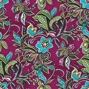 Art Nouveau Floral in Turquoise and Green on Berry