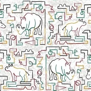 Rhinocerous and Calf, continuous line multicolor, large