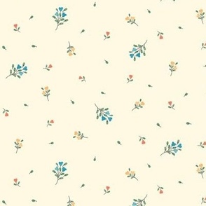 Small Scale Watercolor Flowers | Cream Ecru Background | Cottage Decor