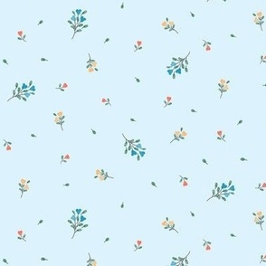 Small Scale Watercolor Flowers | Sky Blue Background | Cottage Decor