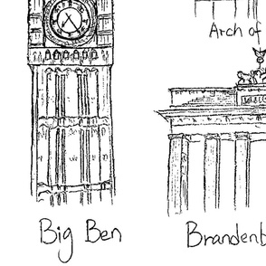 Europe landmarks sketch Eiffel tower Big Ben Tower of Pisa 