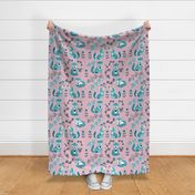 Floral Blue and Pink Woodland Fox Nordic Pattern