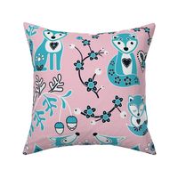 Floral Blue and Pink Woodland Fox Nordic Pattern