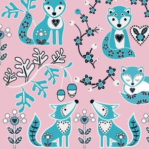 Floral Blue and Pink Woodland Fox Nordic Pattern