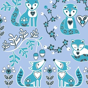 Floral Blue and Aqua Woodland Animal Nordic Pattern  Foxes