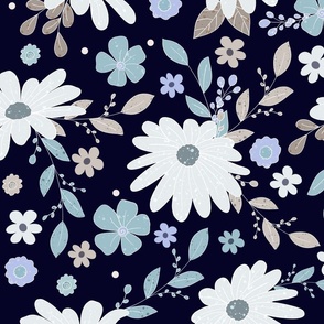 Blue Blossoms &  Daisies on Navy