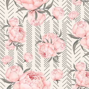 Maximalist peonies or peony with modern farmhouse chevrons 