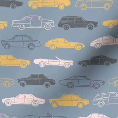 (small scale) linear retro cars on grey