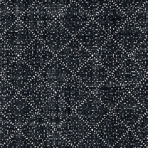 Batik Block Print Textured Diamond Checks in Graphite Black and Natural White (Medium Scale)