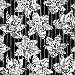 Doodle Daffodils on Pin Stripes in Black and White