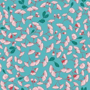 Stylised pink eucalyptus flowers on teal background