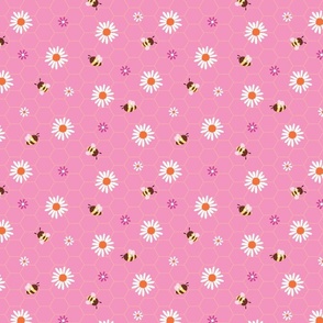 Whimsical bees and white flowers on pink honeycomb