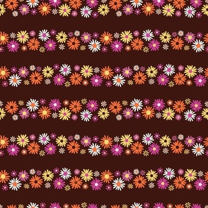Bright colorful  floral stripes (yellow, pink, white) on brown
