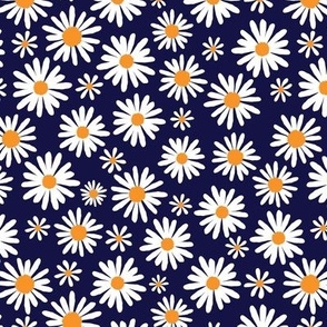 White daisies tossed on dark navy blue, SMALL, approx 1 inch flowers