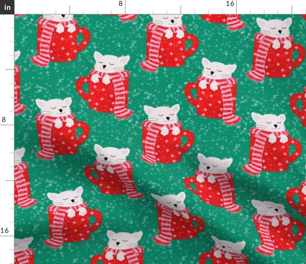 Cute White Cat in a Red Cup Pattern