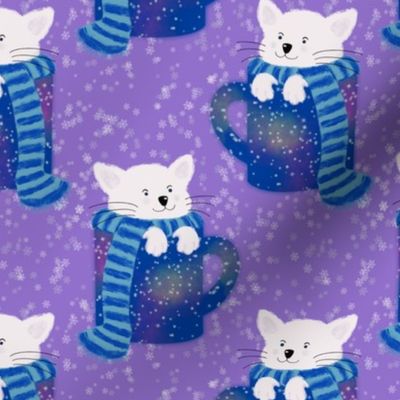 Cute White Cat in a Blue Cup Pattern