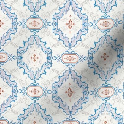 1850s Historical Flourish Design in Blue, Red, and Marble