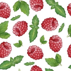 Red Raspberry and Green Mint Leaves Summer Pattern