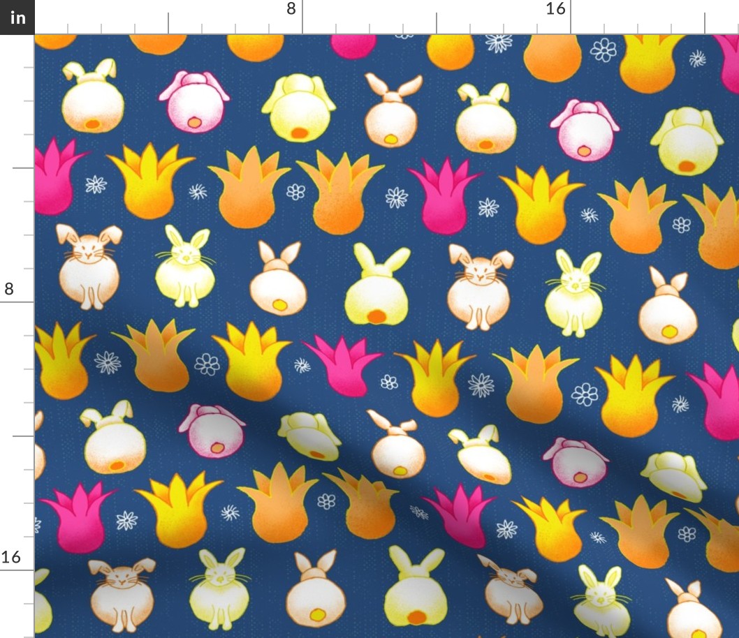 rows of rabbits and tulips on dark blue | medium