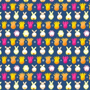 rows of rabbits and tulips on dark blue | small