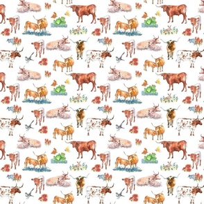 Texas Longhorn, Blanket Flower, Mockingbird, Cow and Calf by Texas Watercolor Artist Kathleen McElwaine QBA 122622 