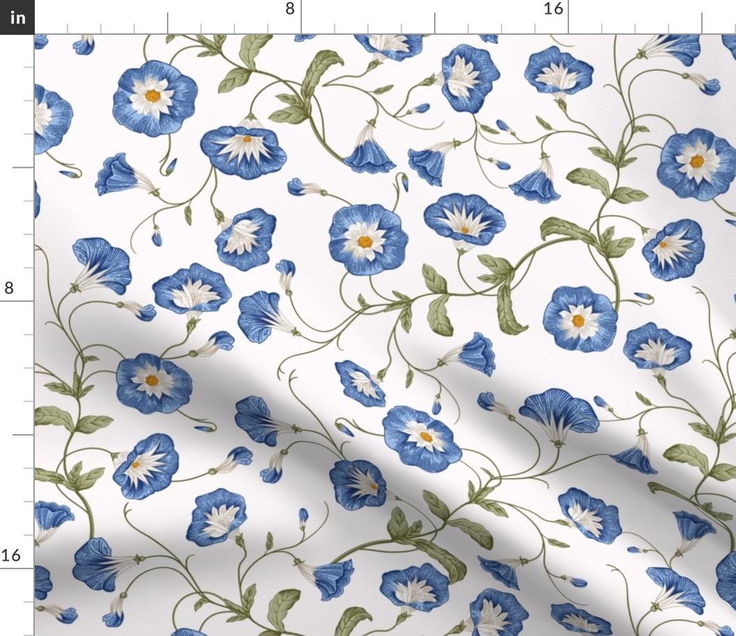 18" a blue summer morning glory ipomea, climbers  meadow  - nostalgic  home decor on off white,  Baby Girl and nursery fabric perfect for kidsroom wallpaper, kids room, kids decor double layer