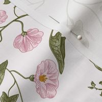 21"  a pink summer  morning glory ,climbers meadow  - nostalgic  home decor on white,  Baby Girl and nursery fabric perfect for kidsroom wallpaper, kids room, kids decor