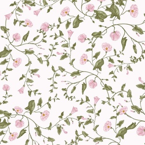 21"  a pink summer  morning glory ,climbers meadow  - nostalgic  home decor on white,  Baby Girl and nursery fabric perfect for kidsroom wallpaper, kids room, kids decor