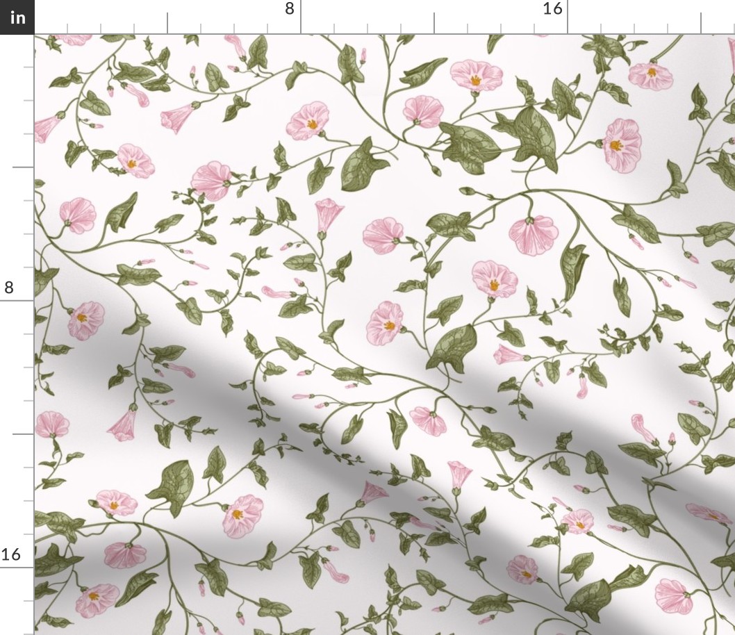 21"  a pink summer  morning glory ,climbers meadow  - nostalgic  home decor on white,  Baby Girl and nursery fabric perfect for kidsroom wallpaper, kids room, kids decor