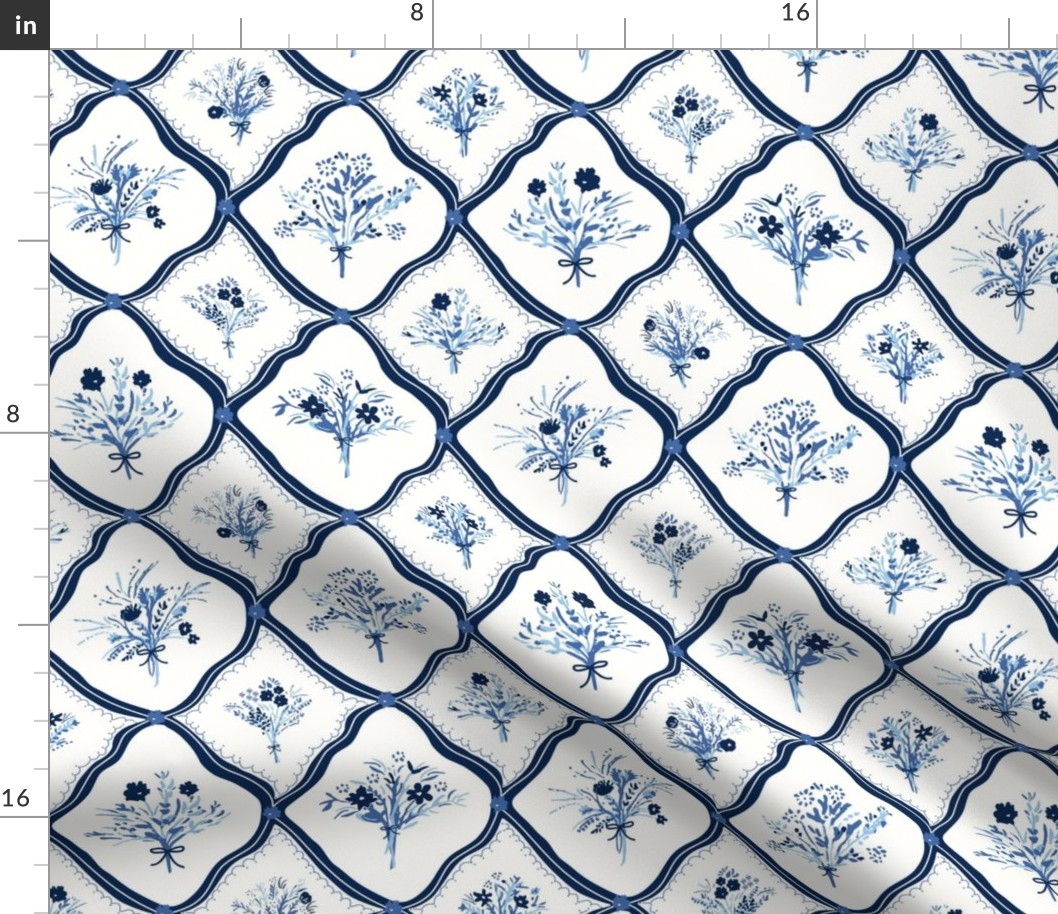 Five Patch Design Pretty Summer Bouquets on Handkerchiefs in Blue - Medium