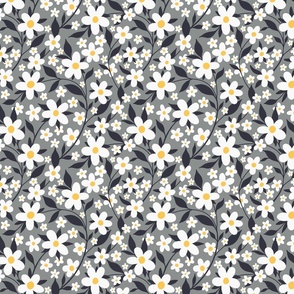 White flowers on a grey. Ditsy pattern
