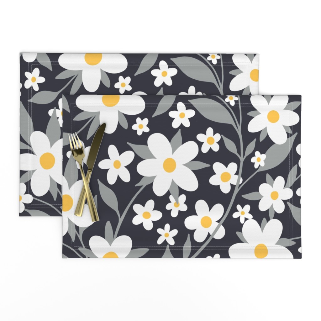 White floral ditsy pattern on a dark gray