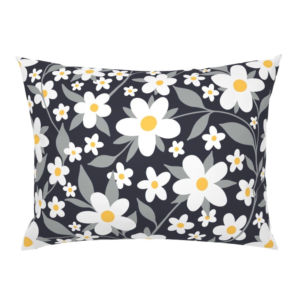 White floral ditsy pattern on a dark gray