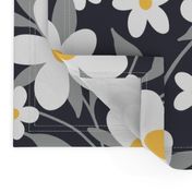 White floral ditsy pattern on a dark gray