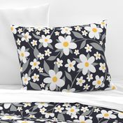 White floral ditsy pattern on a dark gray