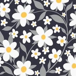 White floral ditsy pattern on a dark gray