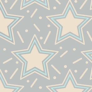 Pastel colored stars and confetti on a light gray