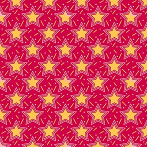 Yellow stars and confetti on a carmine red