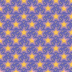 Yellow stars and confetti on a purple 