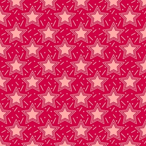 Pink stars and confetti on a carmine red