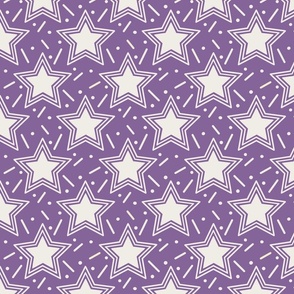 White stars and confetti on a purple background